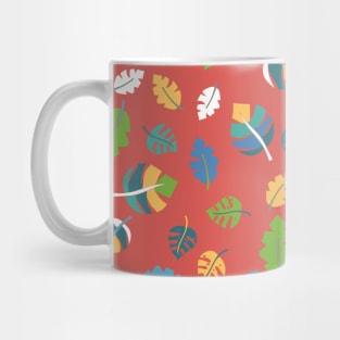 Tropical leaves on a red background. Green, blue, teal, yellow, and white leaves on red. Leaf pattern. Jungle leaves. Mug